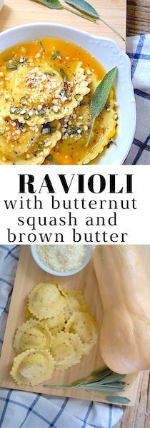 ravioli with butternut squash and brown butter in a bowl on a cutting board