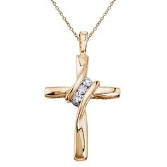 This classic women's cross pendant features three round cut natural diamonds.  All diamonds are prong set in solid 10k yellow gold.  An 18" 10k yellow gold lock chain is included. Cross Neckless, Lock Chain, Yellow Gold Necklace, Three Stone Diamond, Gold Cross Pendant, Diamond Cross Pendants, Gold Chain Jewelry, Diamond Cross, Cross Jewelry