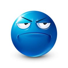 an emoticive blue smiley face with two eyes and one frowning at the viewer