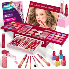 PRICES MAY VARY. ALL-INCLUSIVE COSMETIC SET: This adorable makeup studio for kids gives your little one everything she needs to kickstart her beauty life. Includes a complete array of makeup, from foundation and blush to a vibrant palette of eyeshadow, to an assortment of lipstick and lip gloss, and nail polish. SAFETY FIRST: Have peace of mind knowing our kids’ makeup set uses only kid-friendly, non-toxic ingredients, meeting all safety standards. MESS-FREE and EASY CLEANUP: Enjoy easily washab Kids Makeup Kit, Pretend Makeup, Makeup Kit For Kids, Remove Makeup From Clothes, Complete Makeup, Princess Kids, Kids Makeup, Pretend Play Toys, Play Toys