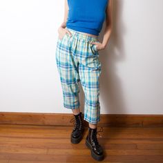 cute baggy capri pant.. lime green/aquamarine/cobalt plaid.. pockets.. size medium Plaid Cotton Bottoms With Elastic Waistband, Summer Plaid Loungewear Pants, Summer Plaid Pants For Loungewear, Summer Plaid Relaxed Fit Pants, Plaid Relaxed Fit Summer Pants, Summer Relaxed Fit Plaid Pants, Green Relaxed Fit Cropped Bottoms, Spring Green Cotton Capris, Green Cropped Leg Bottoms