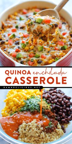 Looking for simple healthy meals? Here's an easy healthy dinner featuring a quinoa casserole! Made with black beans, corn, and more, this quinoa enchilada casserole recipe is full of Mexican-inspired flavors! Hot Quinoa Recipes, Quinoa Enchilada Casserole, Quinoa And Black Beans, Quinoa Enchilada, Cheesy Quinoa, Quinoa Bake, Enchiladas Healthy, Quinoa Casserole