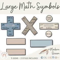 large math symbols are displayed on a white background with the words addition and division highlighted