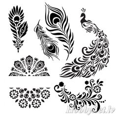 black and white peacock silhouettes with different designs on them, including the tail feathers