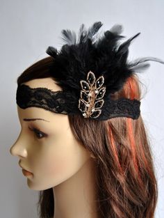 Flapper Lace Feather Headband The Great Gatsby by BlueSkyHorizons, $22.00 Black Gatsby Style Fascinator For Party, Gatsby Style Black Fascinator For Parties, Black Gatsby Fascinator For Parties, Adjustable Gatsby Style Headpiece For Carnival, Adjustable Gatsby Headpiece For Costume Party, Elegant Black Hair Accessories For Costume Party, Gatsby Style Headpiece For Carnival Costume Party, Gatsby Style Fitted Headpiece For Costume Party, Gatsby Style Fascinator For Vintage Events