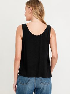 scoop neck wide straps loose fit hits at waist models are approx.  5'9" and wear sizes s (4), l (12) and xl (18)machine wash according to the care instruction label Satin Crop Top, Black Tank Top, Black Tank, Wide Straps, Petite Size, Black Tank Tops, Toddler Boys, Old Navy, Scoop Neck