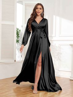 Elegant Fitted Long Sleeve Satin Dress, Elegant A-line Satin Gown, Fitted Satin Long Sleeve Dress For Formal Occasions, Long Sleeve Satin Finish Formal Dress, Formal Long Sleeve Satin Finish Dress, Formal Long Sleeve Dress With Satin Finish, Chic Long Sleeve Floor-length Dress For Formal Occasions, Long Sleeve Satin Finish Evening Dress For Formal Occasions, Long Sleeve Satin Finish Evening Dress