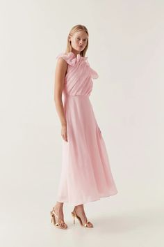 Genesis Midi Dress | Soft Pink | Aje – Aje ROW Midi Dress Bridesmaid, Aje Dress, Plunge Midi Dress, Pink Chiffon Dress, Dress Drape, Draped Neckline, Pink Chiffon, Line Shopping, Women Midi