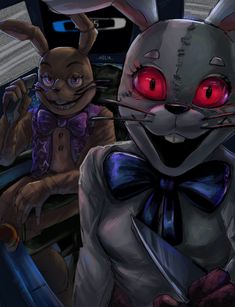 an animated rabbit with red eyes sitting next to another bunny wearing a bow tie and looking at the camera