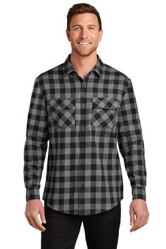 Plaid Flannel Shirt - GRAY / BLACK BUFFALO CHECK - 2XL | Port Authority Plaid Flannel Shirt in Gray/Black Buffalo Check Size 2XL | Cotton Blend Black Long Sleeve Flannel Shirt, Black Flannel Top For Fall, Black Long Sleeve Cotton Flannel Shirt, Flannel Tunic, Flannel Shirts, Port Authority, Plaid Flannel Shirt, Buffalo Check, Office Outfits