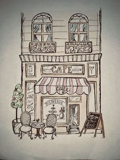 a drawing of a store front with an awning on the top and windows above it