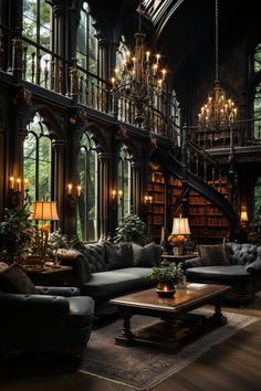 a living room filled with lots of furniture next to a tall window covered in chandeliers