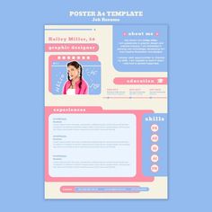 a pink and blue resume template with a woman's profile on the front page