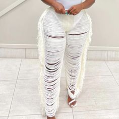 -Brand New With Tags - Tassel Pants - Perfect With A Body Suit And Or A Bathing Suit - Stretchy -Size Medium - Originally $70 Chic Tassel Pants For Spring, Fitted Bottoms With Tassels For Spring, High Waist Fringe Bottoms For Spring, Wide Leg Bottoms With Tassels, Chic Beach Bottoms With Tassels, Spring Wide Leg Pants With Tassels, Chic High Waist Fringe Bottoms, High Waisted Fitted Bottoms With Fringe, Spring Wide Leg Bottoms With Fringe