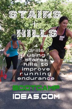 two women are running on the street with trees in the background and text overlaying them