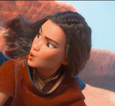 an animated image of a woman with her hair blowing in the wind, looking up