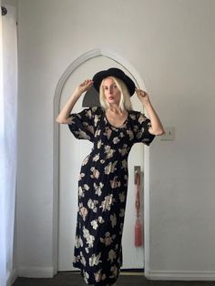 Pretty 90s Floral Maxi Dress. No tags. Black with floral print & subtle pleat design. Back zip. Rayon fabric. Attached cinch in tie. Size L/XXL. Good condition.  Flat Measurements:  17" shoulder to shoulder  20-22" pit to pit  50" length  11" sleeve 90s Floral Dress, Classic Feminine Style, Classic Feminine, 90s Floral, Rayon Fabric, Floral Maxi, Dress Clothes For Women, Floral Maxi Dress, Feminine Style