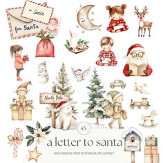 watercolor christmas clipart set with santa, reindeer, snowman and other items