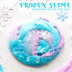 frozen slime homemade recipe for kids with blue, pink and white frosting on it