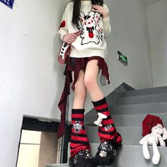 Material: Knit cotton Color: Black white, Black grey, Black red Red And Black Outfit Ideas, Red White And Black Outfits, Black And Red Clothes, Harajuku Punk, Kawaii Clothes, 영감을 주는 캐릭터, Lolita Dress, Really Cute Outfits, Leg Warmers