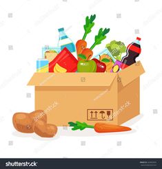 a cardboard box filled with groceries and vegetables