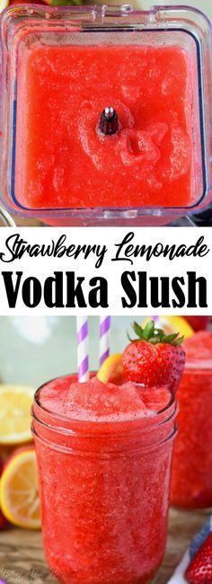 strawberry lemonade vodka slush in mason jars with strawberries