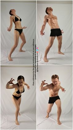 four different pictures of a man and woman in swimsuits posing for the camera