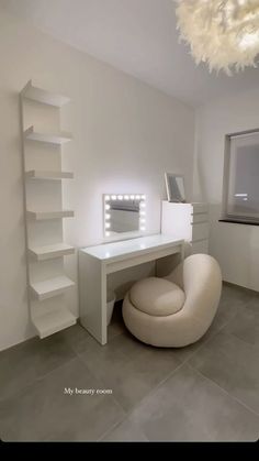 a room with a chair, desk and shelving unit