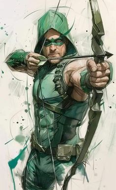 the green arrow character is aiming with his bow and arrow in one hand, as if he