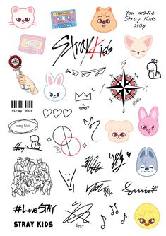 various stickers are shown on the back of a white sheet that says stay kids