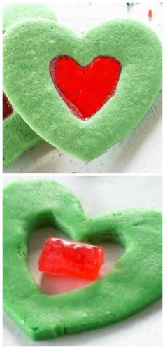 two pictures of green and red heart shaped cookies