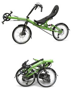 two different views of a green bike with the seat down and the front wheel out