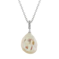 This exquisite pendant features one lustrous 8-8.5mm cultured Keshi freshwater pearl dangling from a lovely setting with five round diamonds  at approximately .03 carat total weight. This unique piece is crafted from quality 14 karat white gold and hangs from a matching 18-inch cable chain. Your pearl will be entirely distinctive and may not match the image shown. White Gold Pearl Necklace With Teardrop Pendant, Pear-shaped Diamond Jewelry With Pearl Pendant, Diamond Teardrop Pendant Necklace With Pearl, White Gold Teardrop Pearl Necklace With Charm, White Diamond Necklace With Pear Accents, White Diamond Necklace With Pear Shaped Diamond Accents, White Diamond Necklace With Pear Shaped Accents, Silver Diamond Pendant Pearl Necklace, Pearl Jewelry With Diamond Accents In Pear Shape