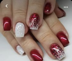 Red Christmas Nails With Glitter, Red Nails Design Ideas Classy Short, Red Nails With White Glitter, Sparkling Nails Glitter, Christmas Nexgen Nails, Christmas Wedding Nails Brides, Red Nails With Glitter Tips, Silver And Red Christmas Nails, Dip Powder Christmas Nail Designs