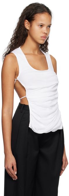 Semi-sheer cotton jersey tank top. · Scoop neck · Gathering and draping at front · Strap detailing and self-tie straps at back Supplier color: White White Drapes, Jersey Tank Top, White Tank Top, Cami Tanks, White Shop, Black Tank Tops, Scoop Neck, Color White, Women Wear