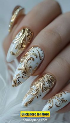 Gold Accent Acrylic Nails, Nail Ideas With Gold, Book Inspired Nails, Nails With Gold Design, Royalty Nails, Gold Wedding Nails, Greek Goddess Nails