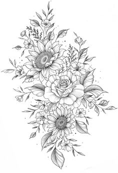 a black and white drawing of flowers with leaves on the bottom half of each flower