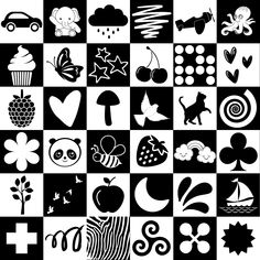 a black and white pattern with different types of symbols in the shape of hearts, flowers, trees, animals, clouds, stars