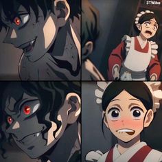 four different pictures of an anime character with red eyes and black hair, one is looking at the camera