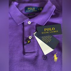 Polo Ralph Lauren M Classic Shirt Purple W/ Gold Horse Brand New . Fitted Purple Polo Shirt With Polo Collar, Fitted Purple Polo Shirt, Classic Fitted Purple Polo Shirt, Classic Purple Short Sleeve Polo Shirt, Fitted Purple Cotton Polo Shirt, Horse Brand, Gold Horse, Ralph Lauren Shirt, Classic Shirt