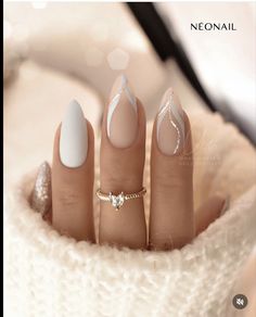 Bride Nails Elegant Almond, Wedding Day Nails Almond, Bridal Nails Almond Shape White, Neutral Almond Nails With Gold, Bridesmaid Nails Wedding Neutral Almond, Cute Engagement Nails, White Almond Nails With Gold Design, Trendy Nails Ideas 2024 June, Cancun Nail Ideas