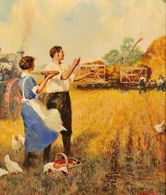 an oil painting of two people in a field