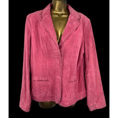 Y2K Pink Suede Stitched Leather Jacket by Coldwater Creek Size L Stitched accents throughout Big snap hidden buttons Real POCKETS Lightweight suede Very good vintage condition. No rips, tears, stains or snags. 100% leather shell 100% polyester lining Bust when closed: 42" Waist at narrowest point when closed: 38" Armholes: 20" around Shoulder to shoulder: 18" Shoulder to hem: 25" Pink Outerwear With Buttoned Pockets For Spring, Pink Single Button Blazer For Fall, Pink Button-up Outerwear With Single Button, Pink Fall Blazer With Pockets, Pink Blazer With Pockets For Fall, Casual Pink Blazer With Pockets, Casual Pink Blazer With Buttons, Y2k Western, Western Jacket