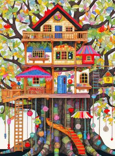 the tree house is painted in bright colors