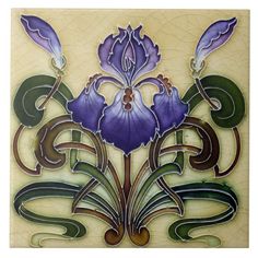 an art nouveau tile with purple flowers and green leaves