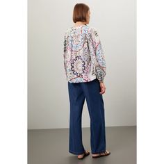 Multicolored jacquard/brocade (100% Viscose). Top. Long sleeves. Plunge neck. Front button closure. 24" from shoulder to hemline. Imported. Elegant Multicolor Blouse With Blouson Sleeves, Chic Multicolor Blouse With Paisley Print, Bohemian Multicolor Blouse For Workwear, Bohemian Multicolor Blouse For Work, Multicolor V-neck Blouse With Blouson Sleeves, Playful Multicolor Printed Top, Fitted Jacquard Knit Long Sleeve Top, Cream Long Sleeve Jacquard Knit Top, Multicolor Mixed Print V-neck Top