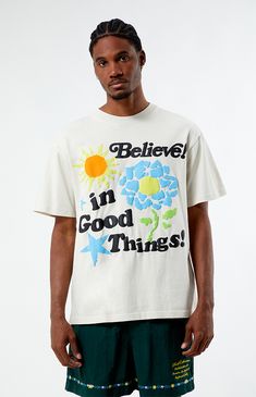 The Believe In Good Things Oversized T-Shirt features a crew neckline, short sleeves, and an uplifting graphic. Its soft fabric and classic fit make it a comfortable and motivational addition to your wardrobe.


	Crew neckline
	Short sleeves
	Puff graphics front & back
	Oversized fit
	100% Cotton
	Machine washable
	Model is wearing a size medium
	Model Measurements: 6'1” Height, 31” Waist, 32” Inseam Cream Cotton T-shirt With Graphic Print, Casual Cream T-shirt With Logo Print, Cream Short Sleeve Screen Print T-shirt, Cream Short Sleeve T-shirt With Screen Print, Cream Short Sleeve T-shirt With Text Print, Cream T-shirt With Text Print For Streetwear, Cream Crew Neck T-shirt With Letter Print, Cream T-shirt With Text Print And Relaxed Fit, Cream Relaxed Fit T-shirt With Screen Print