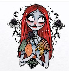 a drawing of a girl with long red hair holding an orange and black bird in her hands