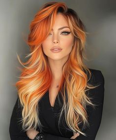 Copper And Blonde Balayage Brunette, Fall Hairstyles 2024, Fall Colored Hair, Fun Fall Hair Colors, Fall Vivid Hair Color, Sunrise Hair, Dimensional Copper, Sunset Hair Color, Sunset Hair