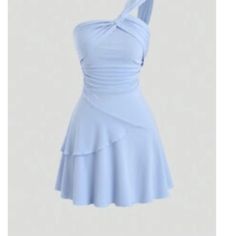 Light Blue Dress. Never Worn. Material Is 95% Polyester And 5% Elastane Light Blue Hoco Dress Short, Blue Hoco Dress Short, Light Blue Hoco Dress, Light Blue Jumpsuit, Blue Bridesmaid Dresses Short, Tinkerbell Dress, Top Spring Outfits, Dresses Light Blue, Gala Outfit